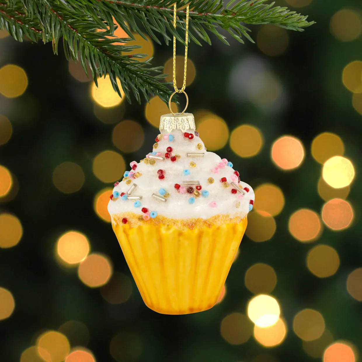 3" White and Golden Cupcake Glass Christmas Hanging Ornament