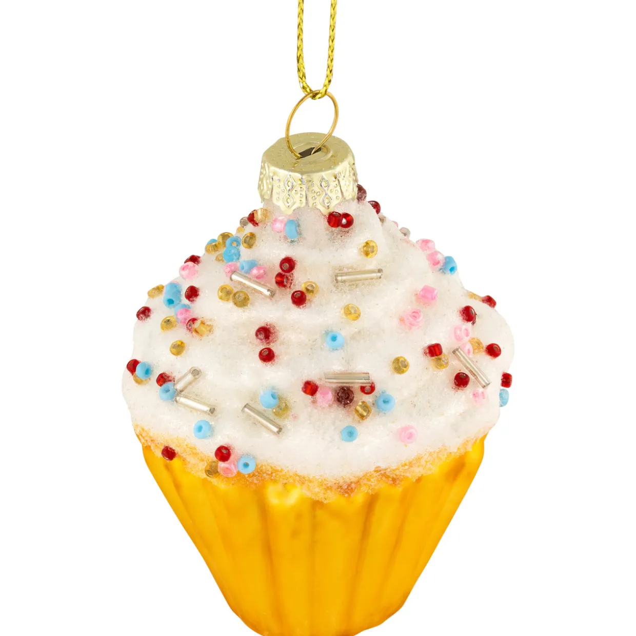 3" White and Golden Cupcake Glass Christmas Hanging Ornament