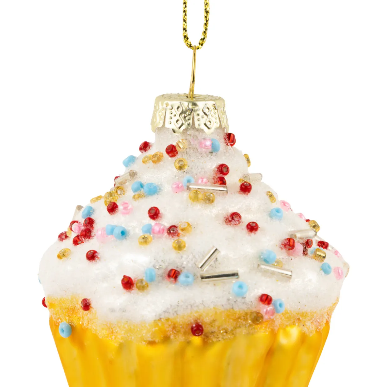 3" White and Golden Cupcake Glass Christmas Hanging Ornament