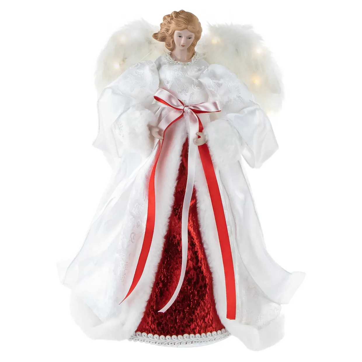 14" White and Red Angel with Lighted Wings Christmas Tree Topper