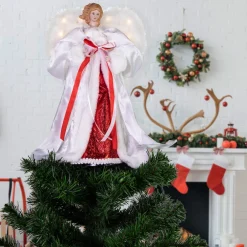 14" White and Red Angel with Lighted Wings Christmas Tree Topper