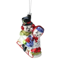4.5" White and Red Cheerful Sledding Snowmen Couple Glass Christmas Ornament
