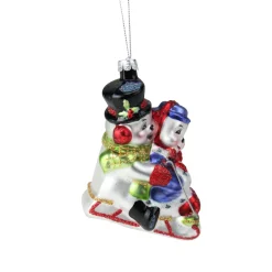 4.5" White and Red Cheerful Sledding Snowmen Couple Glass Christmas Ornament