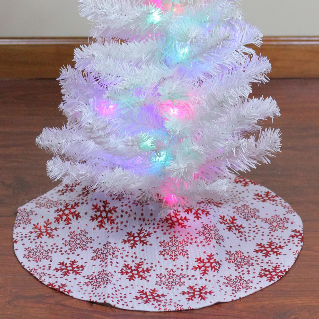 20" White and Red Glitter Snowflake Mini Burlap Christmas Tree Skirt