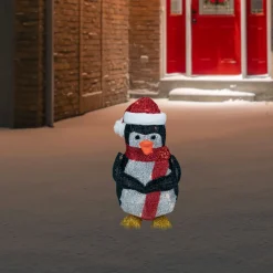19.5" White and Red Lighted Penguin with Santa Hat Outdoor Christmas Decoration