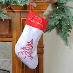 15.5" White and Red Merry Christmas Stocking with Cuff