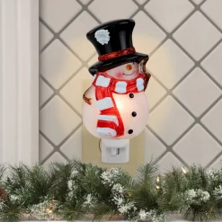 6.5" White and Red Snowman in Black Top Hat Christmas Night Light
