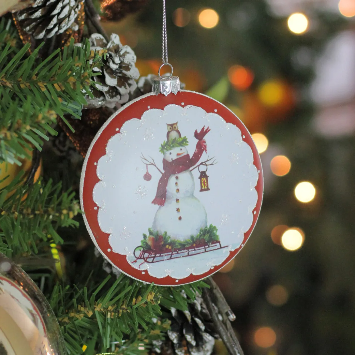 4" White and Red Snowman on Sled Christmas Ornament