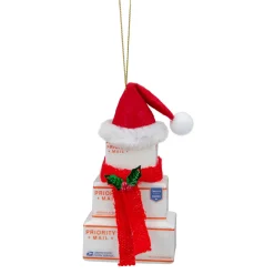 4.5" White and Red "USPS Priority Mail" Stacked Packages Santa Hat Christmas Ornament