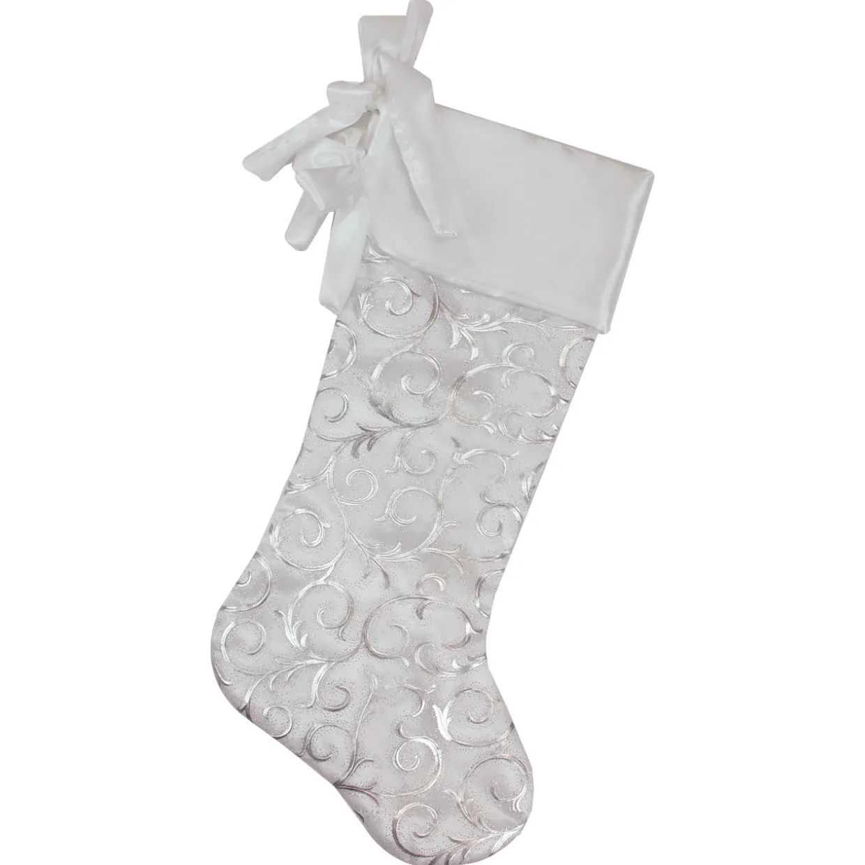 19” White and Silver Filigree Christmas Stocking with Bows