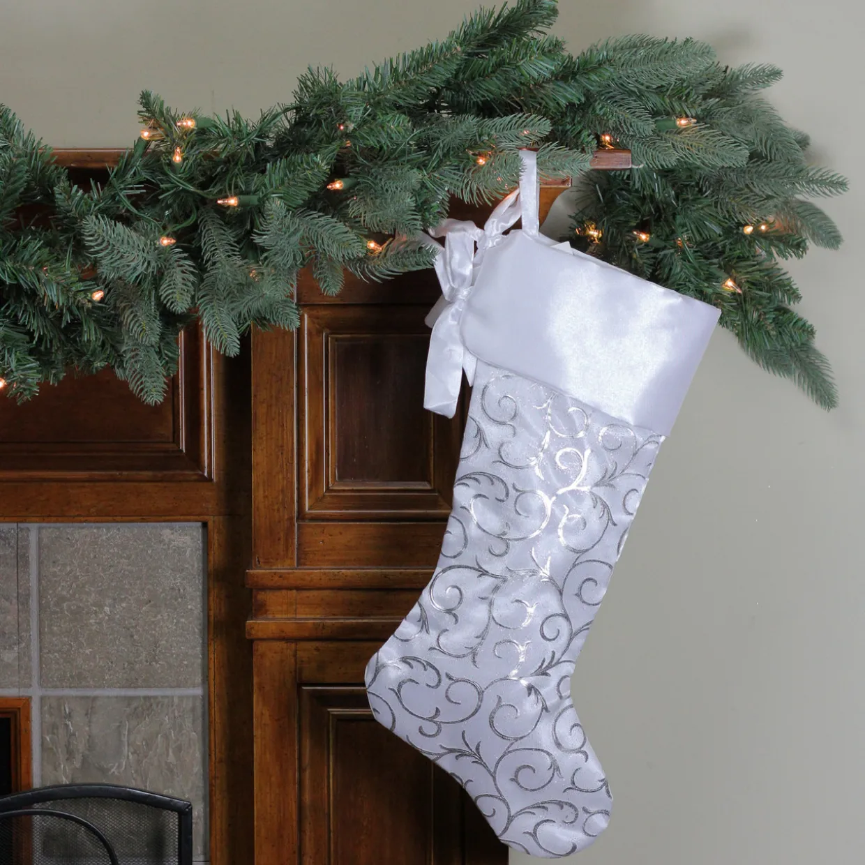 19” White and Silver Filigree Christmas Stocking with Bows