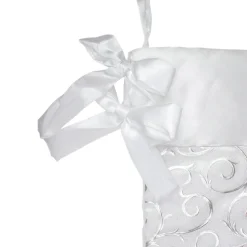 19” White and Silver Filigree Christmas Stocking with Bows