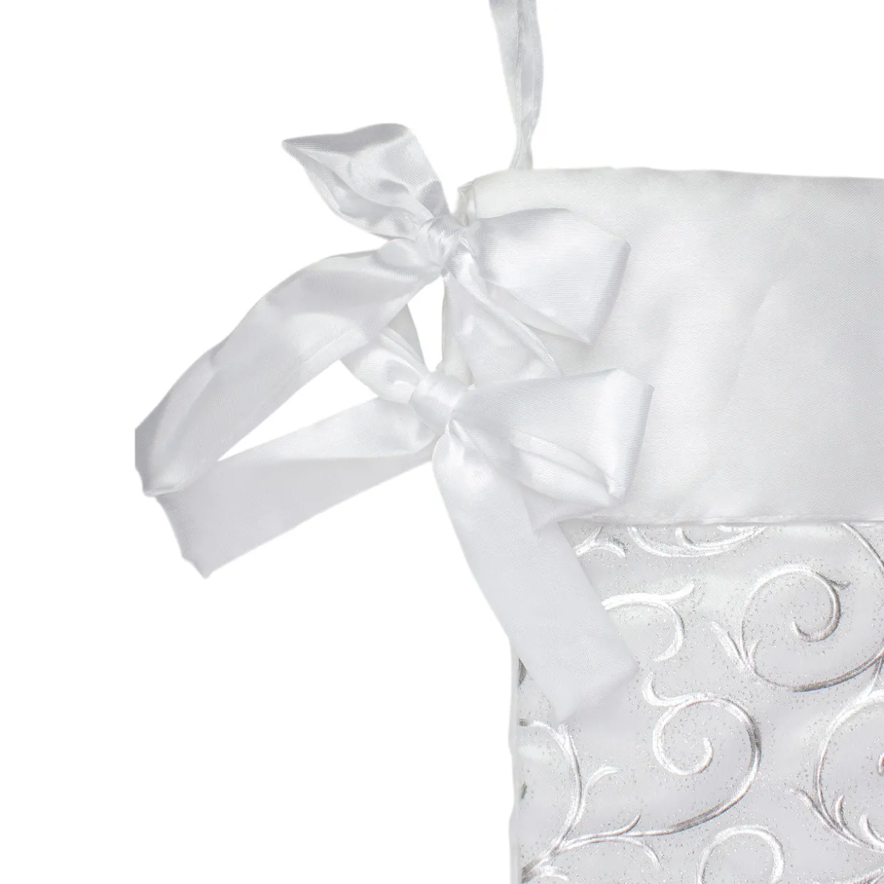 19” White and Silver Filigree Christmas Stocking with Bows