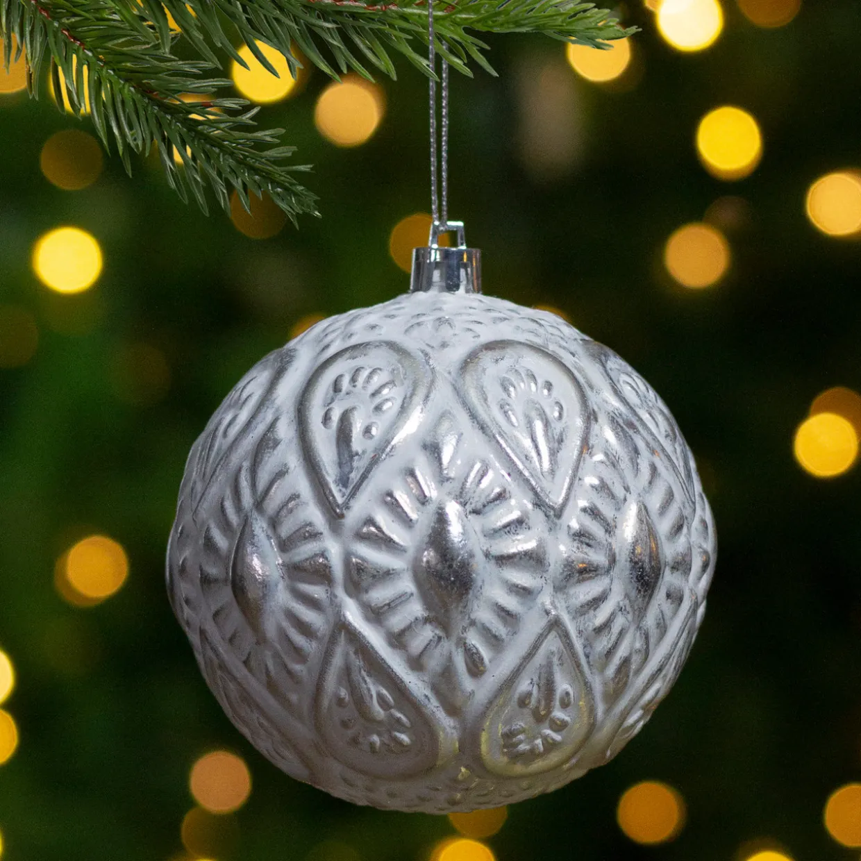 3.5" White and Silver Floral Distressed Christmas Ball Ornament