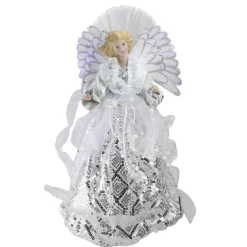 16" White and Silver Lighted Angel Sequined Gown Christmas Tree Topper