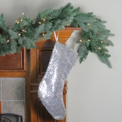 17.5" White and Silver Sequins Hanging Christmas Stocking