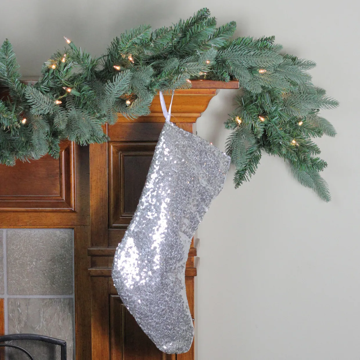 17.5" White and Silver Sequins Hanging Christmas Stocking