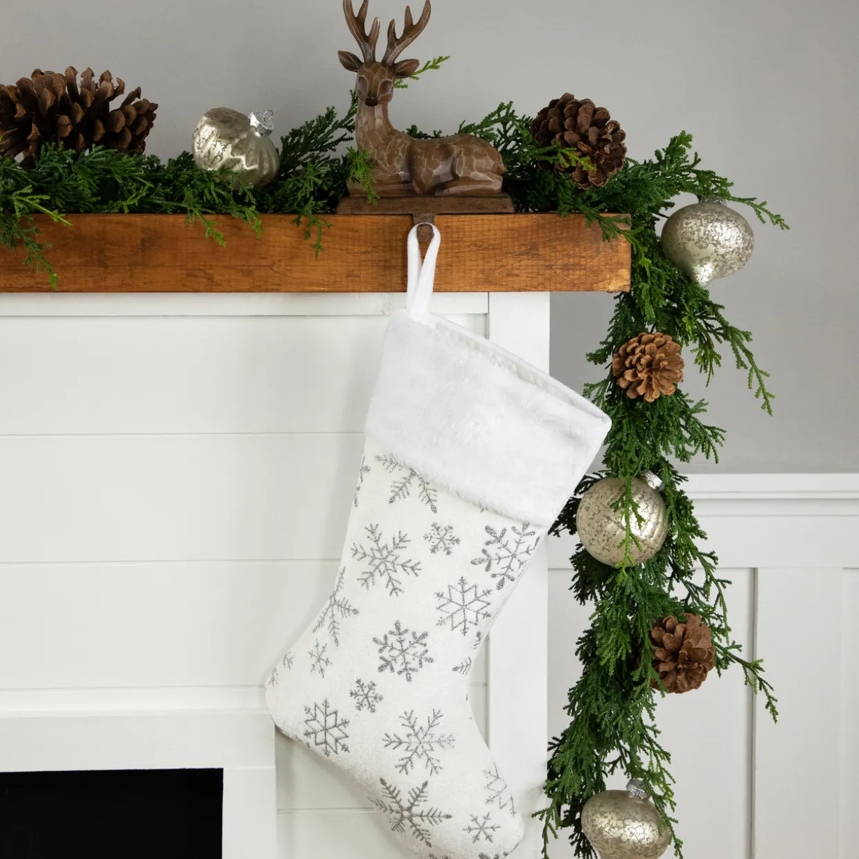 19" White and Silver Snowflakes Christmas Stocking
