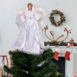 14" White Angel with Lighted Wings Christmas Tree Topper
