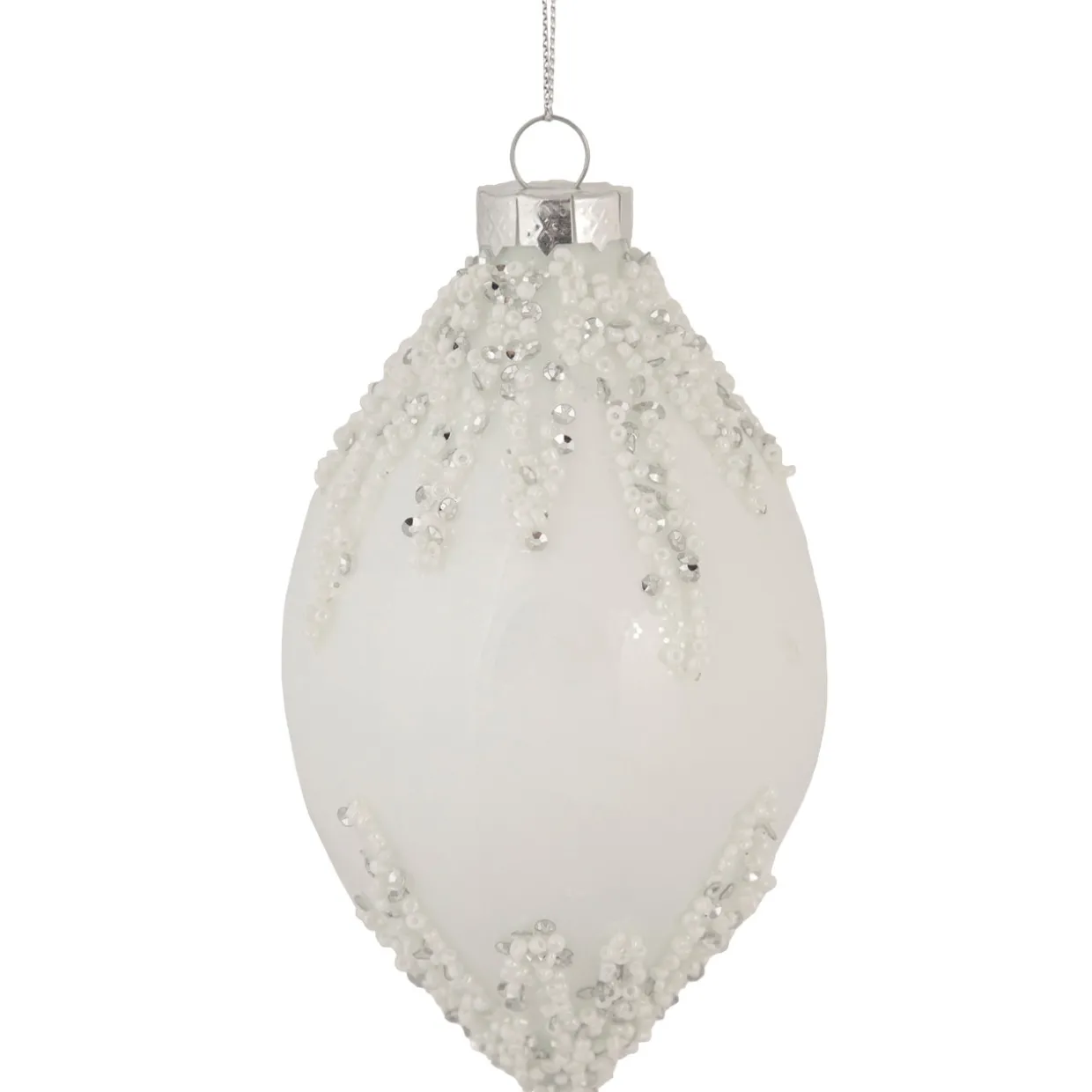 5" White Beaded and Silver Sequins Christmas Glass Finial Ornament