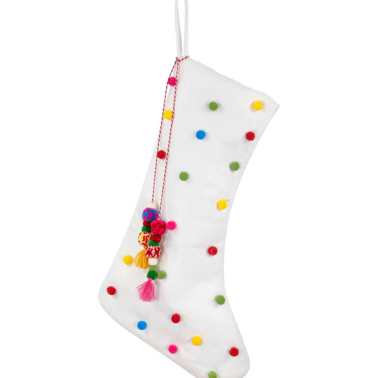 20" White Christmas Stocking with Multicolor Pom-Poms and Tassels