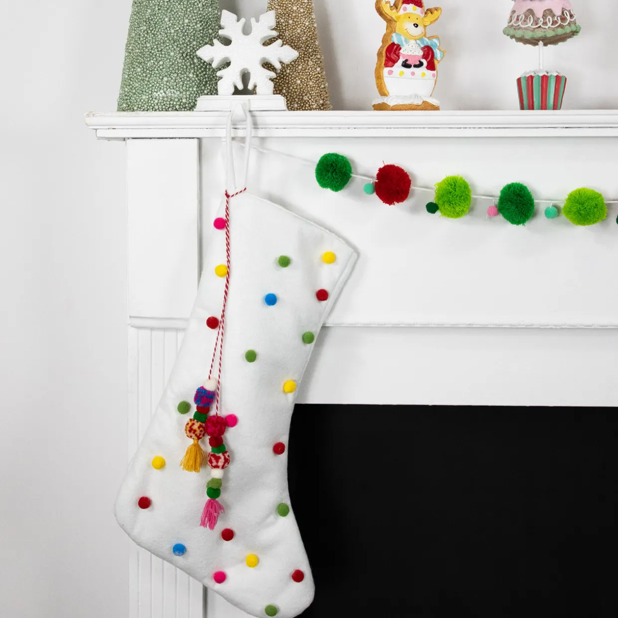 20" White Christmas Stocking with Multicolor Pom-Poms and Tassels