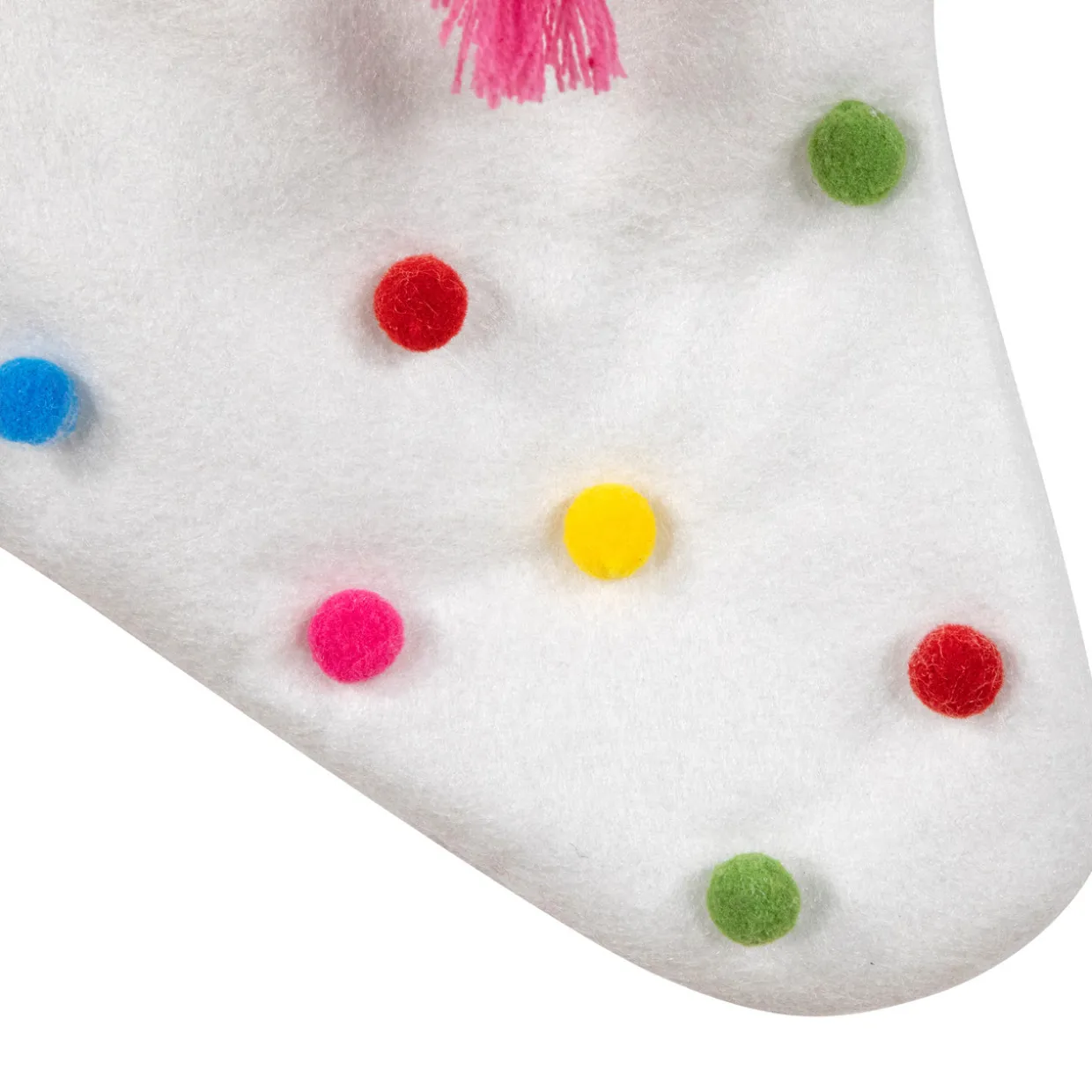 20" White Christmas Stocking with Multicolor Pom-Poms and Tassels