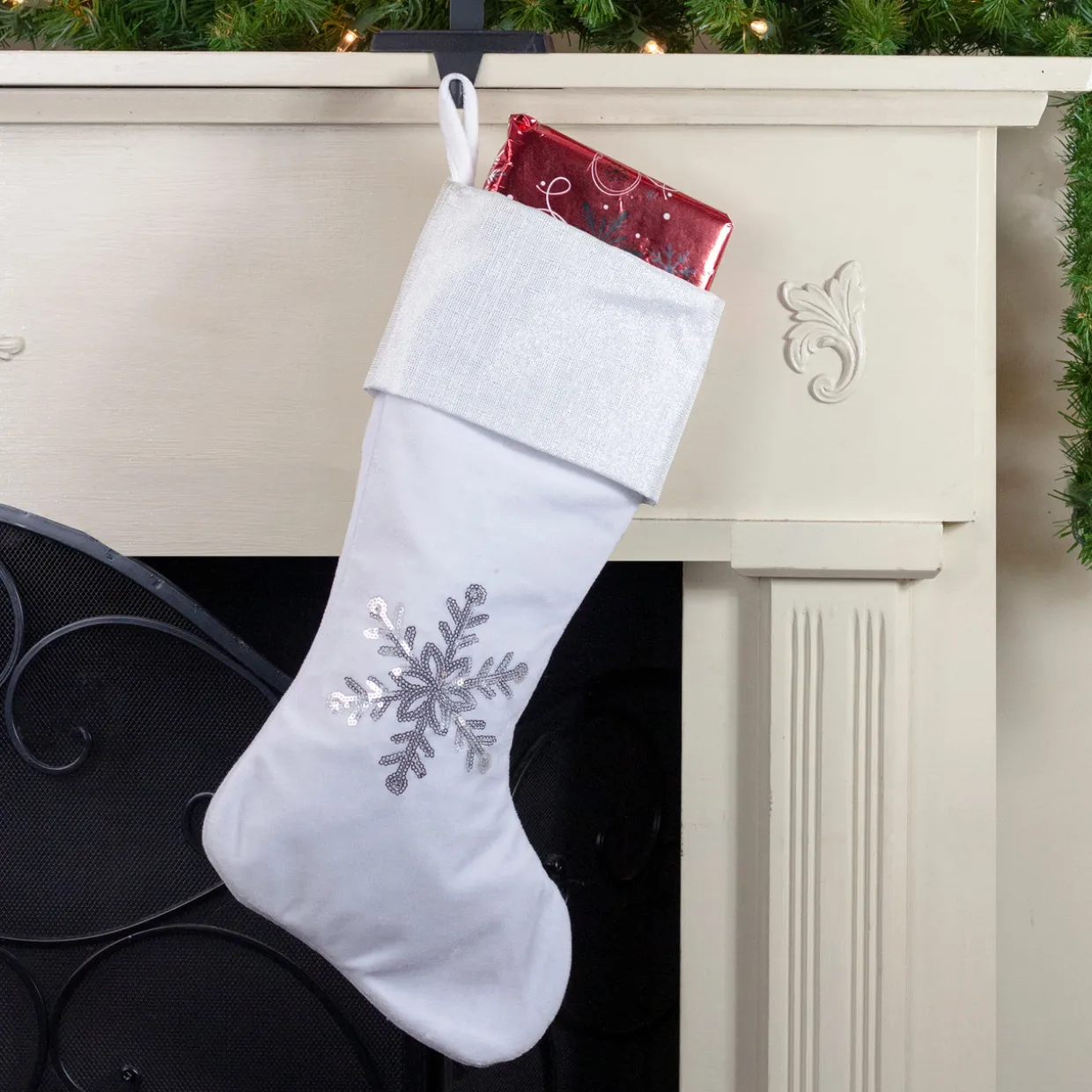 20" White Christmas Stocking with Silver Sequin Snowflake