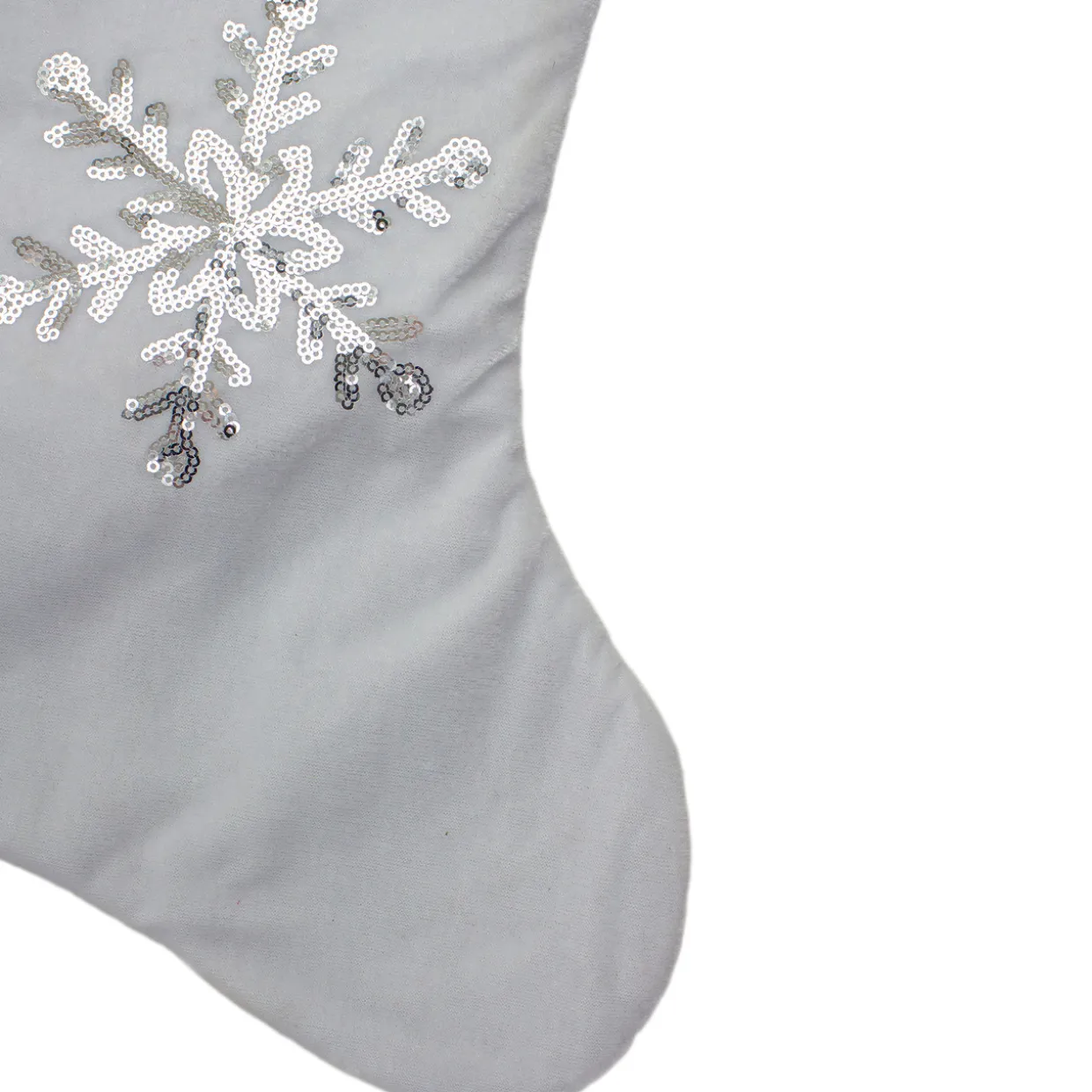 20" White Christmas Stocking with Silver Sequin Snowflake