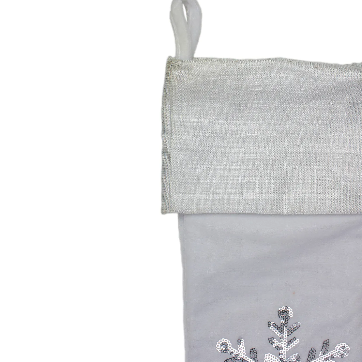 20" White Christmas Stocking with Silver Sequin Snowflake