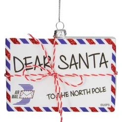 3.5" White Envelope "USPS Dear Santa" With Stripes Glass Christmas Ornament