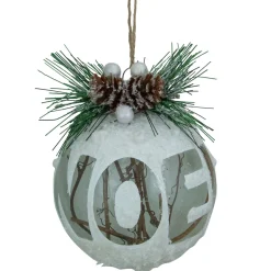 5" White Frosted NOEL With Holly and Berries Christmas Glass Ornament