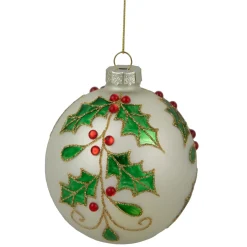 4.5" White Glass Christmas Ball Ornament with Holly Leaves
