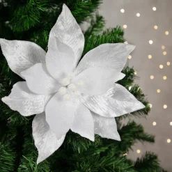 24" White Glittered Poinsettia Christmas Stem Spray