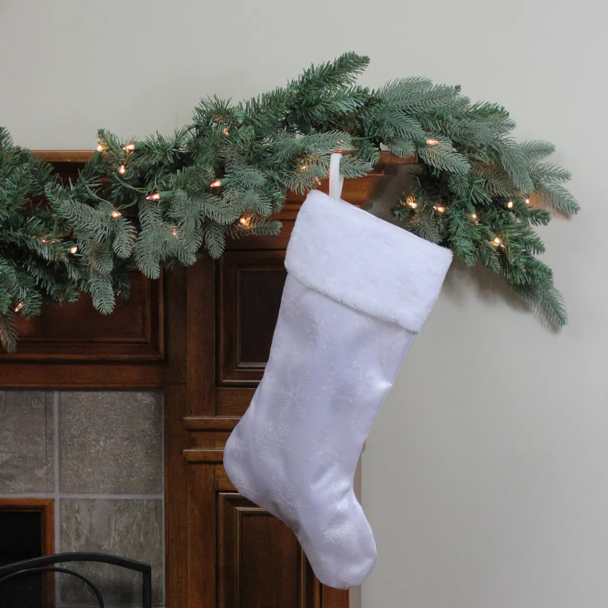 20.5" White Iridescent Glittered Snowflake Christmas Stocking