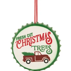 4" White Iron Cap "Fresh Cut Christmas Tress" With a Vintage Truck Ornament