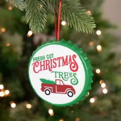 4" White Iron Cap "Fresh Cut Christmas Tress" With a Vintage Truck Ornament