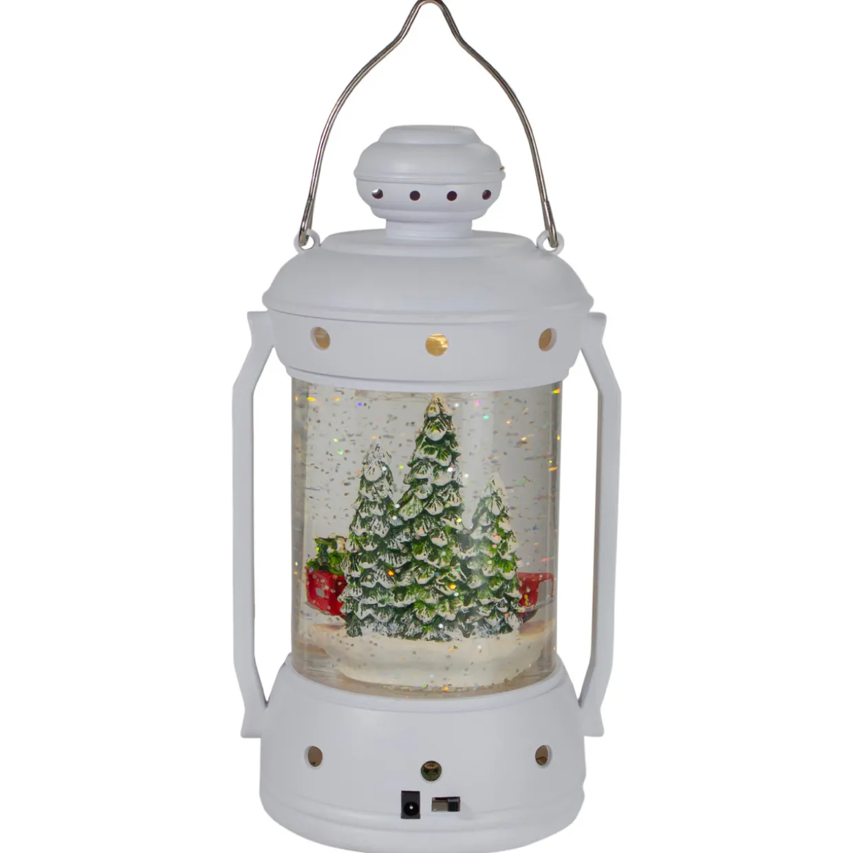 9" White Lantern Christmas Snow Globe with Red Truck and Trees