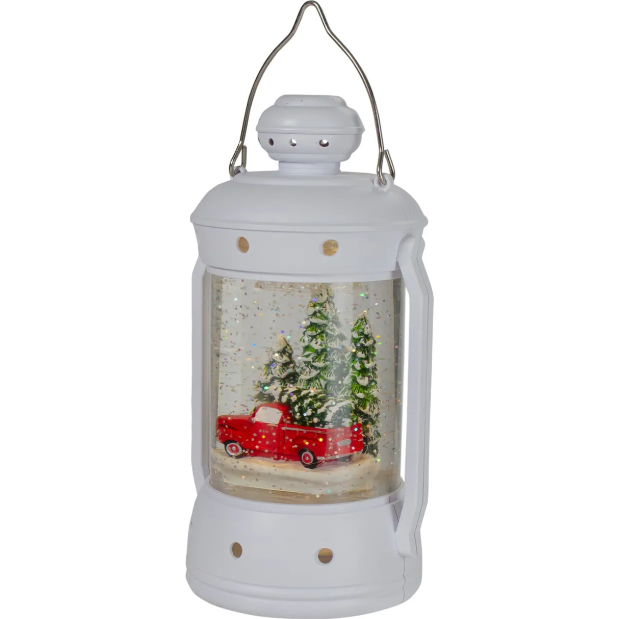 9" White Lantern Christmas Snow Globe with Red Truck and Trees