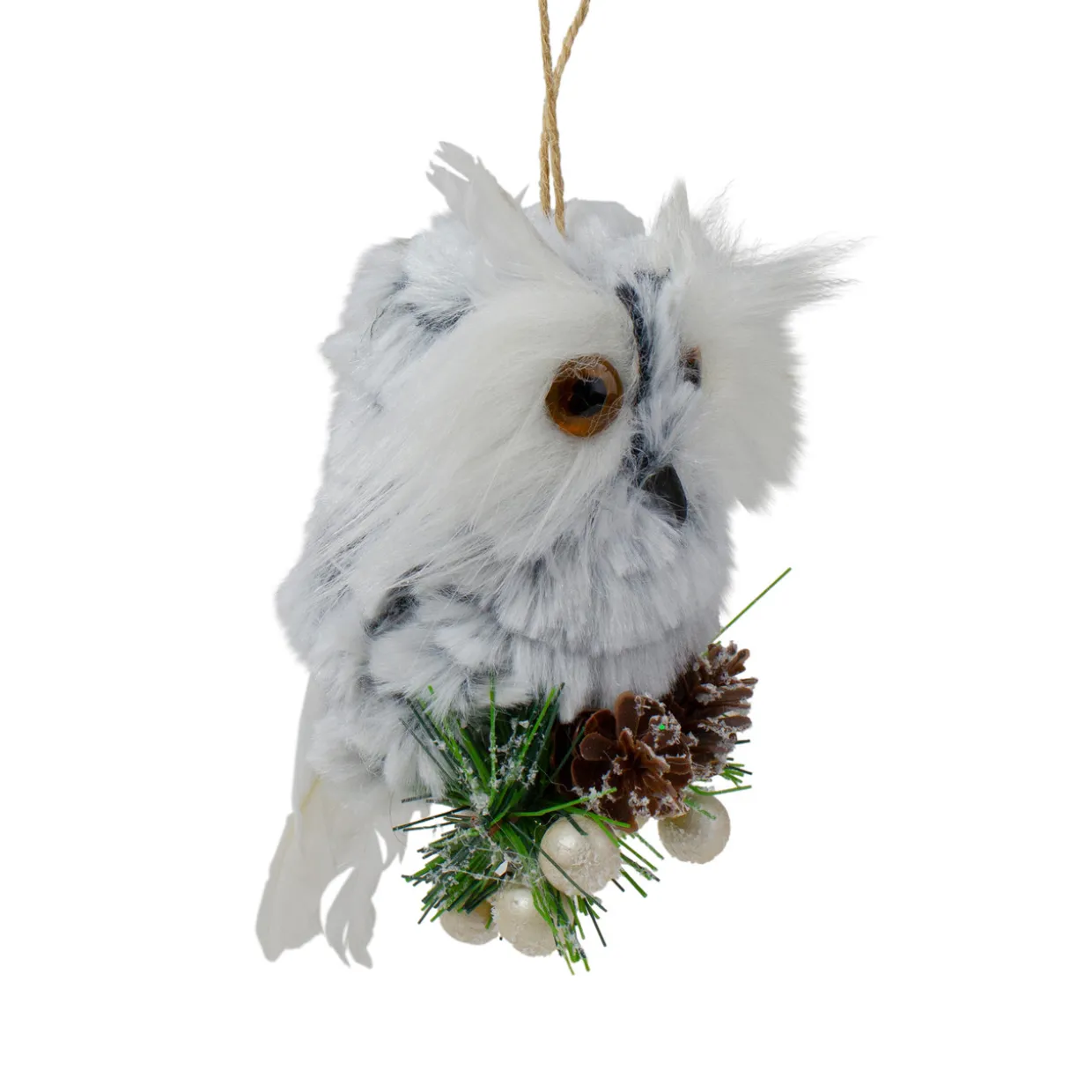 6" White Owl with Pinecones and Berries Christmas Ornament