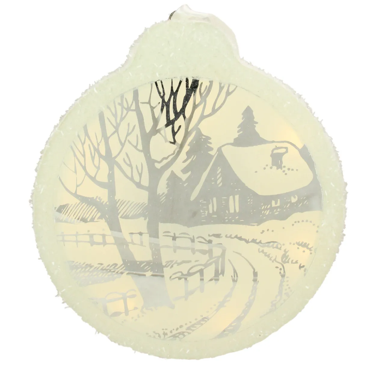 8" White Pre-Lit LED Sparkle Winter Cottage Scene Round Christmas Ornament