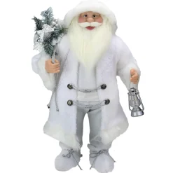 24" White Silver Santa Claus with Lantern Christmas Figure