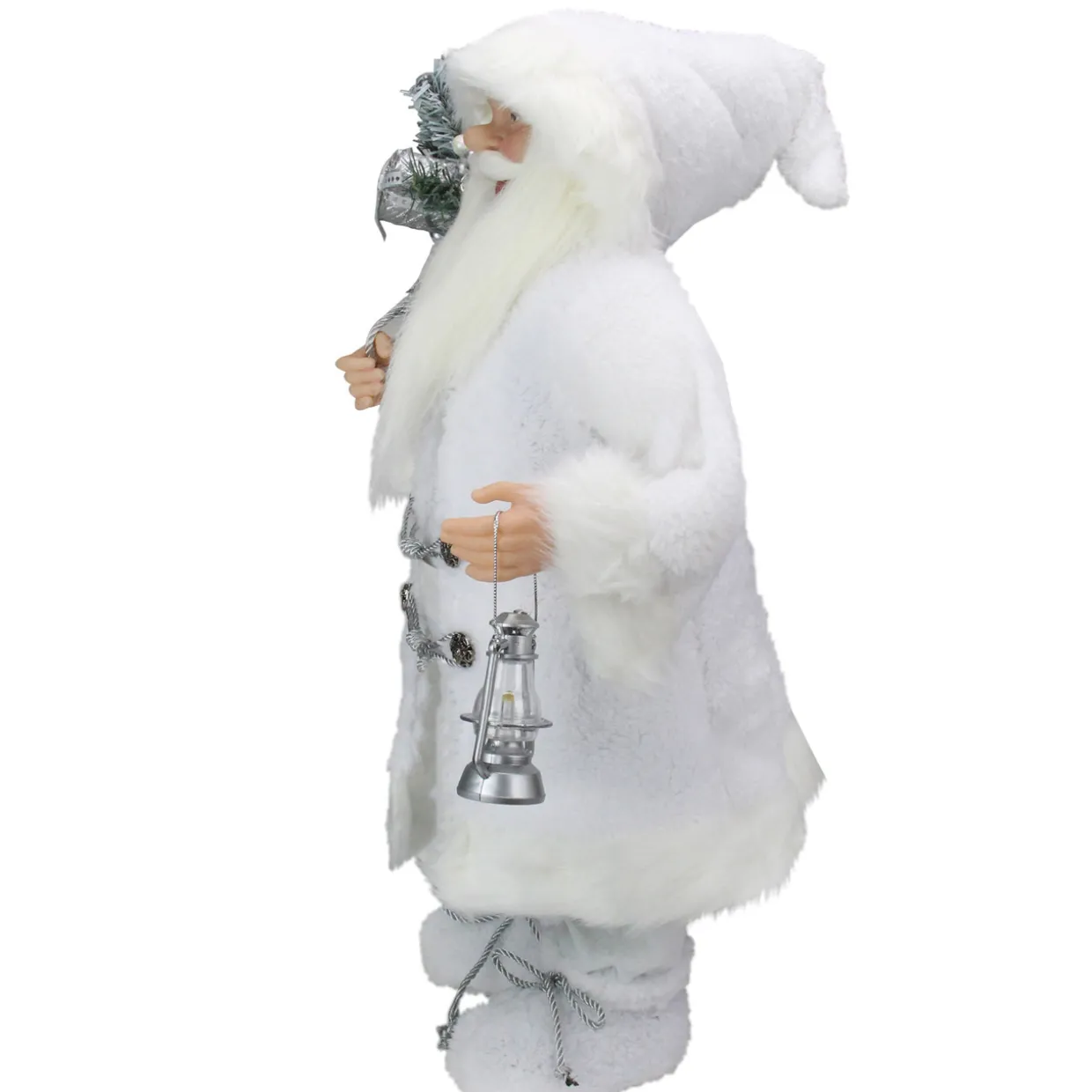 24" White Silver Santa Claus with Lantern Christmas Figure