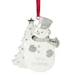3.5" White Silver-Plated Snowman Merry Christmas Ornament with European Crystals