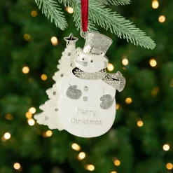 3.5" White Silver-Plated Snowman Merry Christmas Ornament with European Crystals