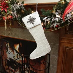 21" White Solid Quilted Christmas Stocking with Beads