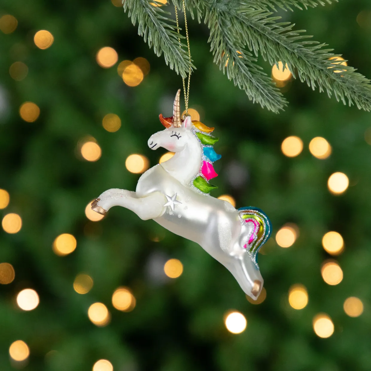 4.5" White Unicorn with Rainbow Mane Glittered Christmas Glass Ornament