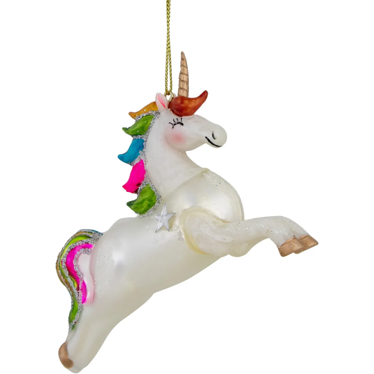 4.5" White Unicorn with Rainbow Mane Glittered Christmas Glass Ornament