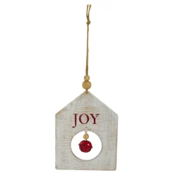 8" White Wooden "JOY" With Red Bell Christmas Ornament