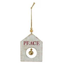 8" White Wooden "Peace" With Gold Bell Christmas Ornament
